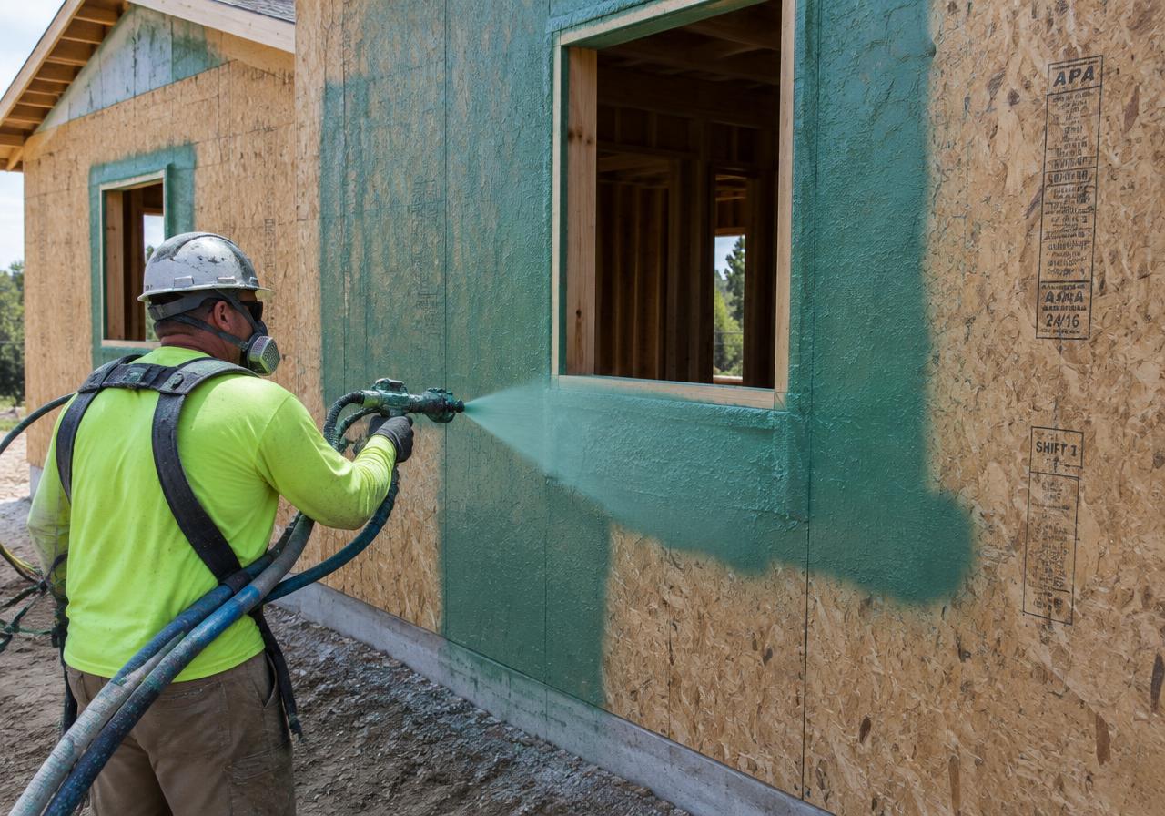 Worker spraying green weather barrier on wall sheathing