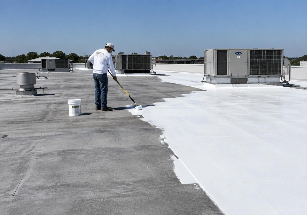 Roofer rolling white coating on a flat commercial roof