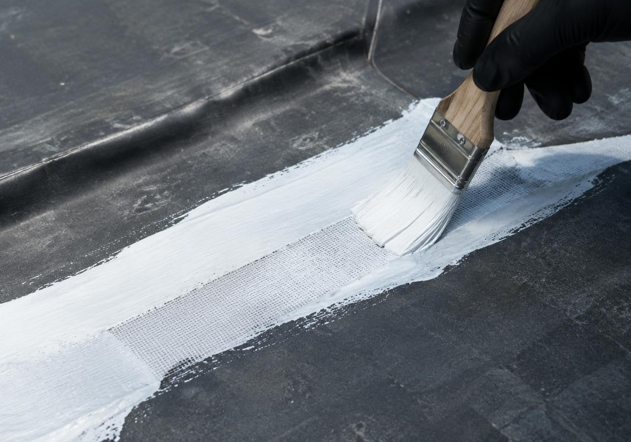 Brush applying coating over reinforced EPDM seam