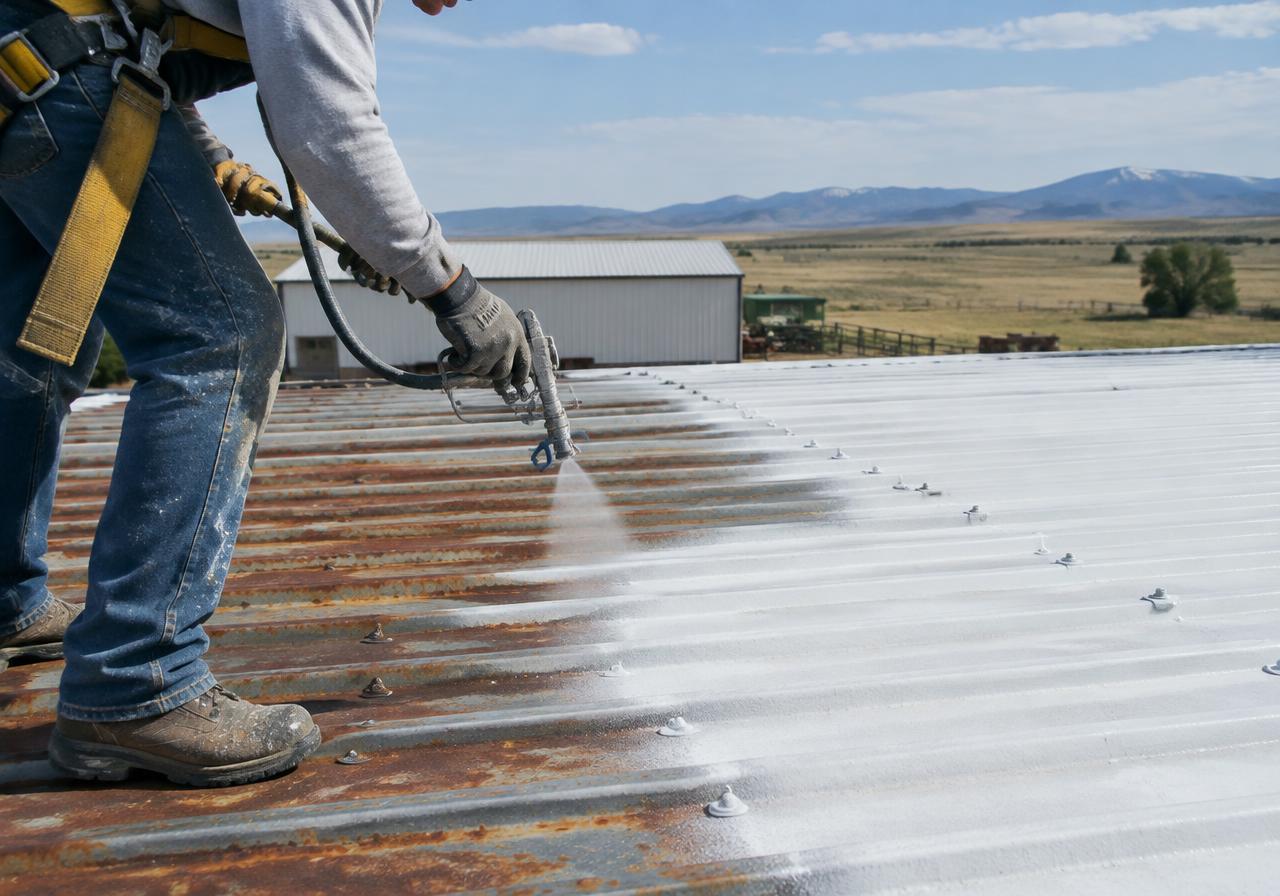 Crew spraying coating over a rusted metal shop roof