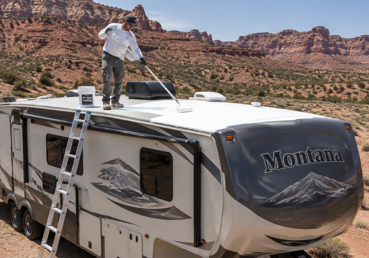 Technician coating the roof of a fifth wheel