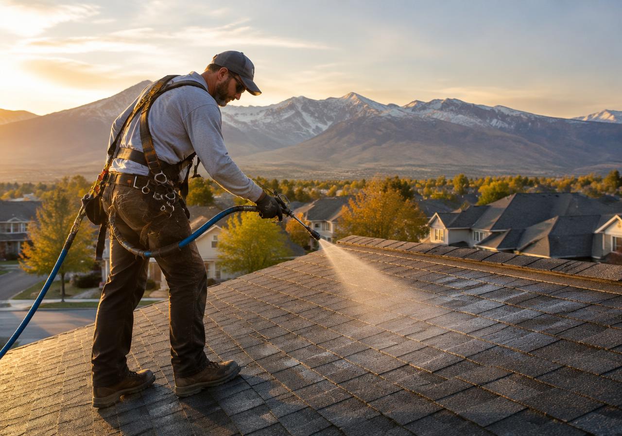 Roofer spraying coating onto asphalt shingles